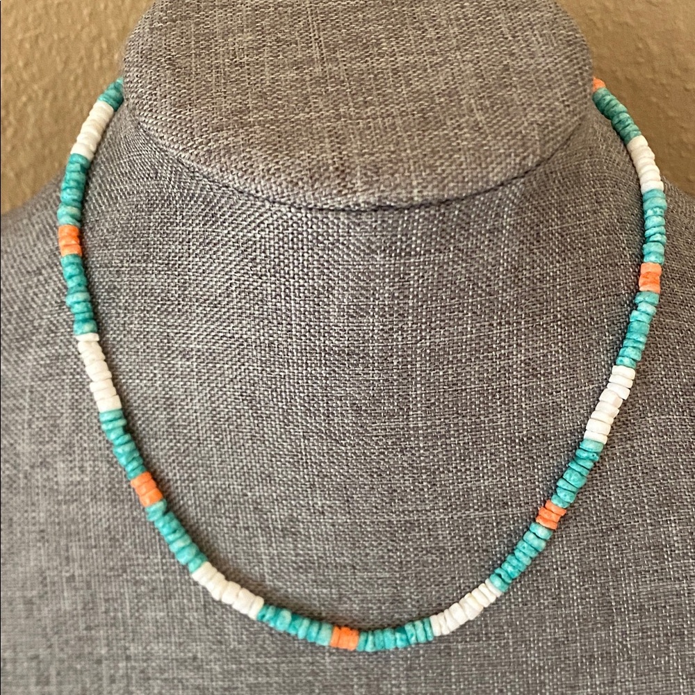Turquoise Heishi Necklace | White Shell & Orange Spiny Oyster Style